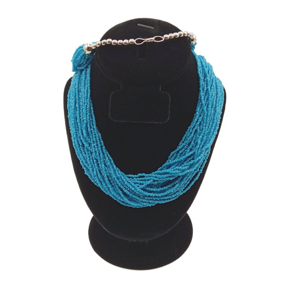 Blue Seed Bead Necklace 30” Opera 30-Strand Heishi Style Boho Southwestern New